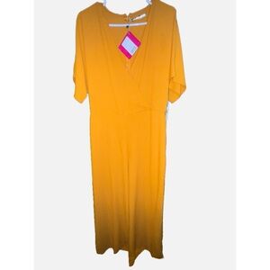 NWT- EVEN & ODD- front wrap mustard yellow short sleeve jumpsuit size Large